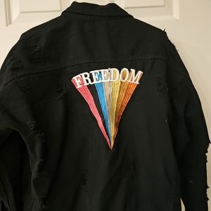 Black Distressed Heavy Cotton "Freedom" jacket, Large. Large graphic on back